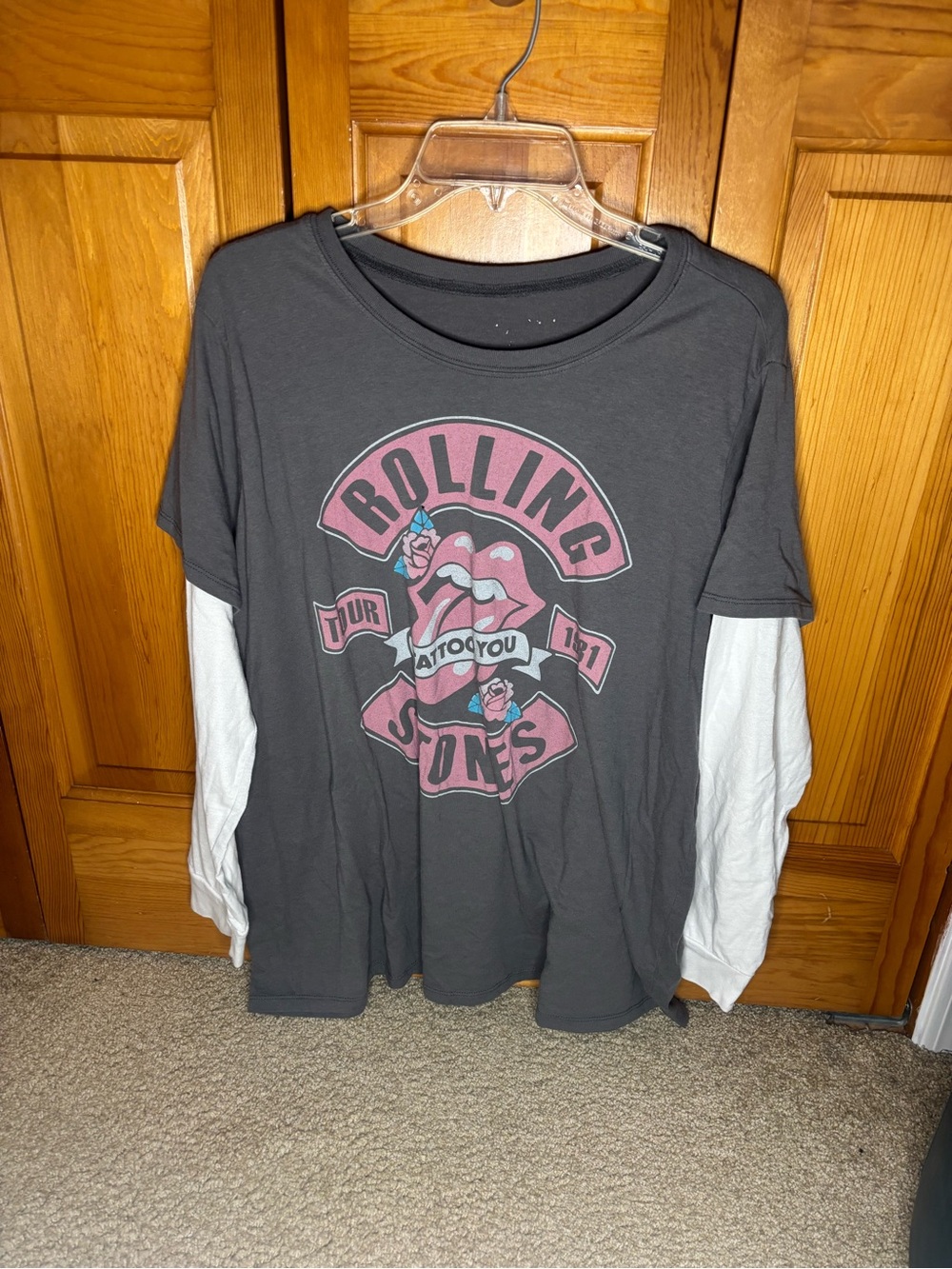 the Rolling Stones Black Layered-Look Long Sleeve Tee with Pink Graphic